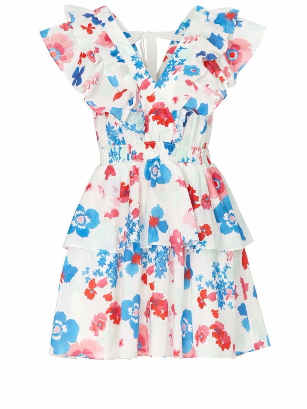 Peter Som Floral Tiered Dress - White with Blue & Red Flowers